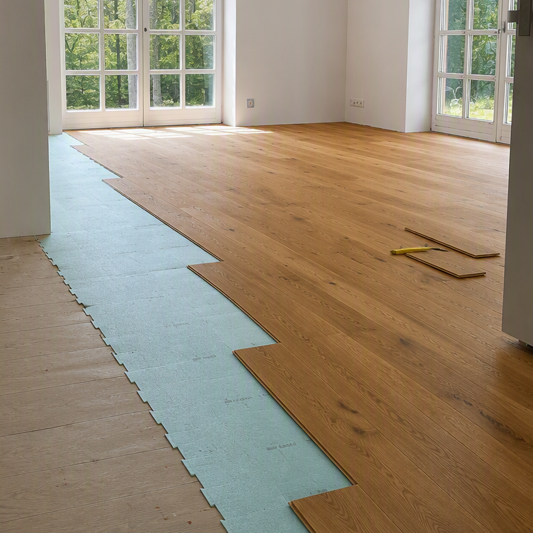 Parkettverlegung Weilheim Parkettboden ist zu Hälfte in einem Zimmer verlegt
